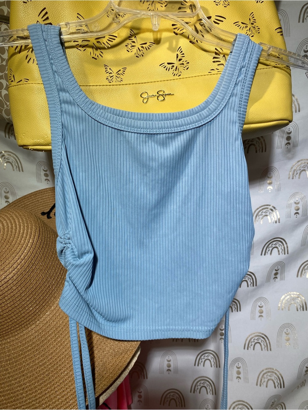 SHEIN Sky Blue Ribbed Crop Tank with Side Ties
